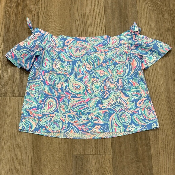 COPY - NWT Lilly Pulitzer Top Tamara Off-the-Shoulder Blue Pink Fish Women’s Si… - Picture 14 of 14